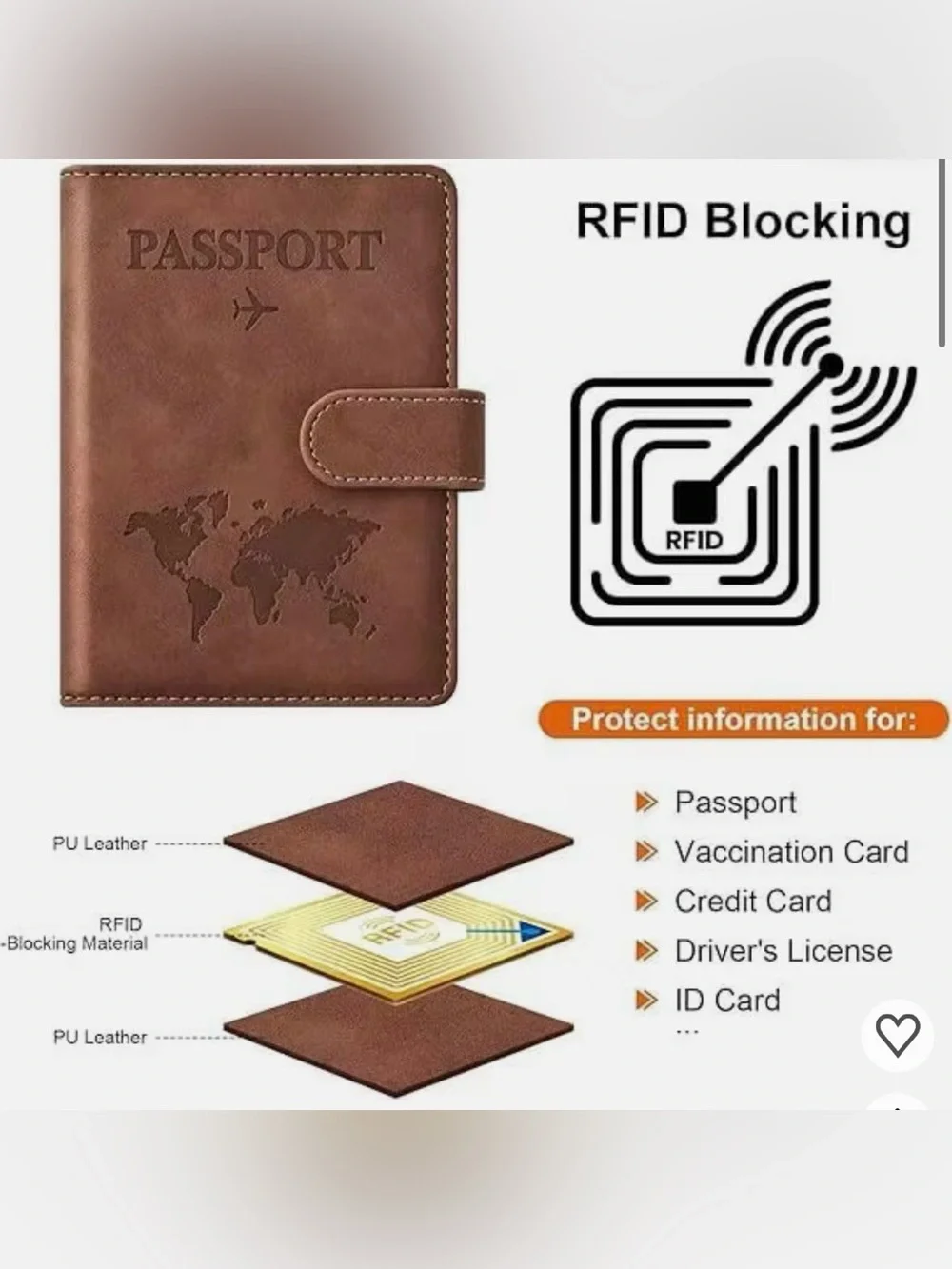 NEW Brown Vegan Leather Slim Passport Holder RFID Blocking Embossed 7 pocket